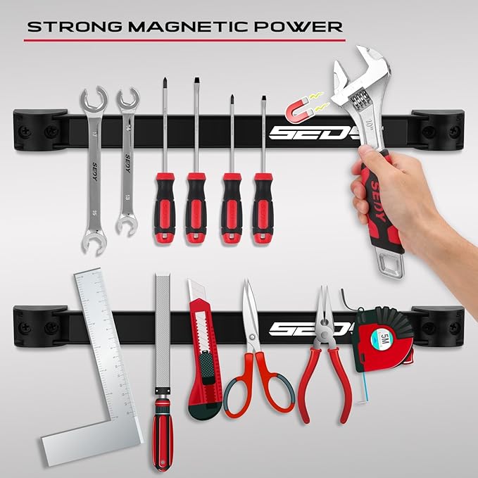 Magnetic Tool Holder Storage Organizer: 7-Piece Garage Wall Mount Rack Organization Strip Power Magnet Organizers Mounted Workbench Board Slatwall Van Hanger