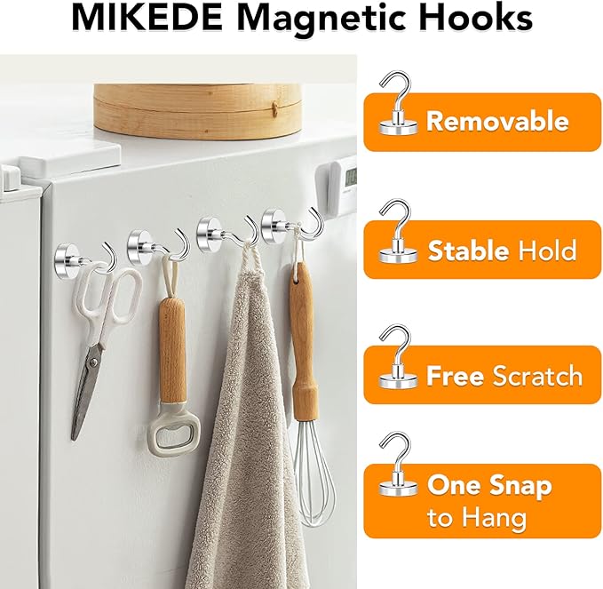 MIKEDE Magnetic Hooks, 40Lbs+ Heavy Duty Magnet Hooks for Cruise Cabins, Super Neodymium Hanging Hooks Strong Magnets with Hook for Fridge, Magnetic Hanger for Grill, Toolbox, Storage, Pack of 4