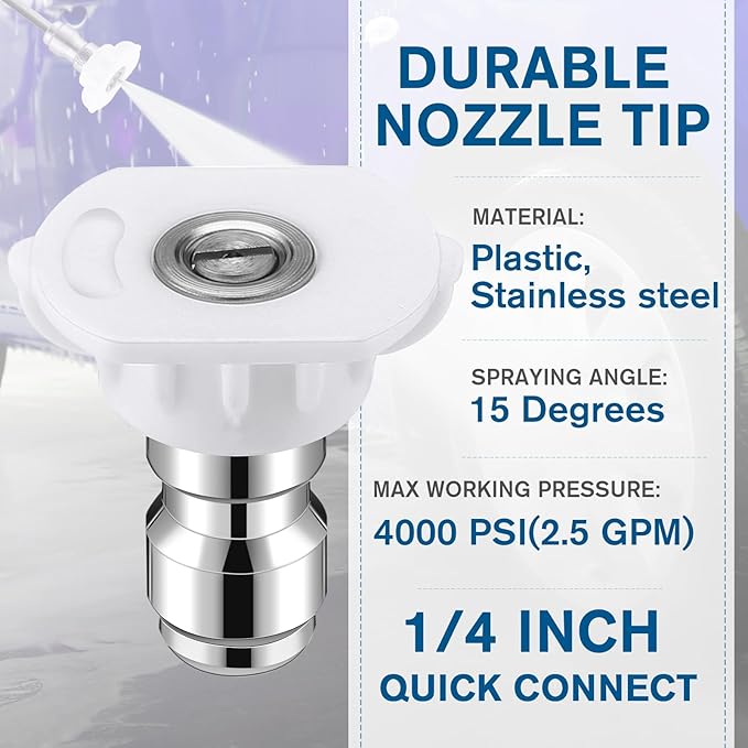 1/4 Inch Pressure Washer Nozzle Tips Quick Connector 2.5 Gpm 4000 Psi Power Washer Spray Tips Set for Home Car Patio Driveway(White,10 Pack)