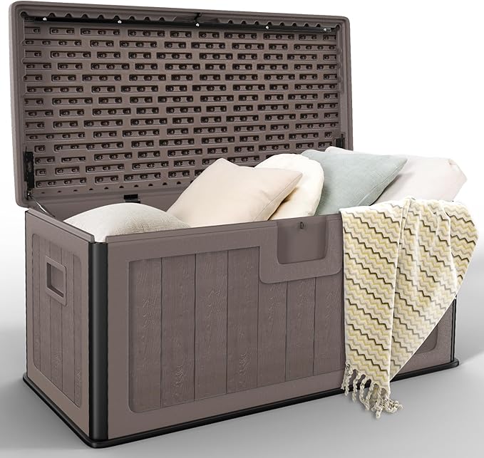 Outdoor Storage Deck Box 100 Gallon, UV Resistant & Waterproof Deck Box with Double-Wall Construction, Lockable Storage Bins Container for Pool Patio Garden