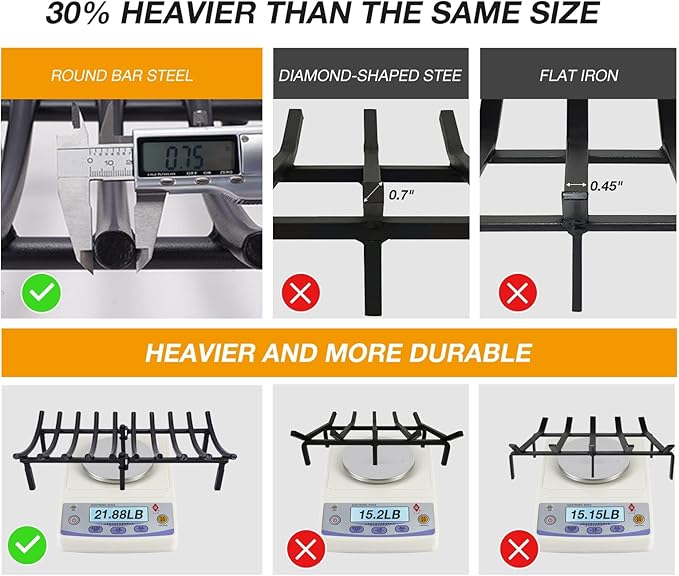 24 Inch Fireplace Grates of Metal, Solid Round Steel 3/4" Bar Grate for Fire Pit, Firewood Stove Log Holder Rack