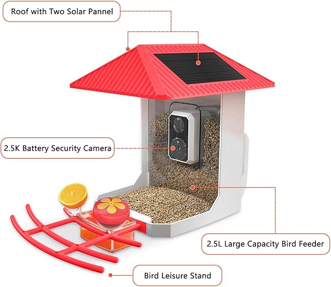 2.5K Smart Bird Feeder with Camera, 5GHz &2.4GHz Birds Watching Camera with AI Identify Bird Species, Outdoor Birds Feeder House with Solar Panel for BirdLovers (Red)