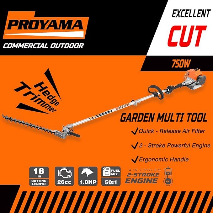 PROYAMA 26cc 6 in 1 Multi Functional Trimming Tools, Gas Hedge Trimmer, Weed Eater, String Trimmer, Brush Cutter, Edger, Pole Saw Chainsaw Pruner with Extension Pole