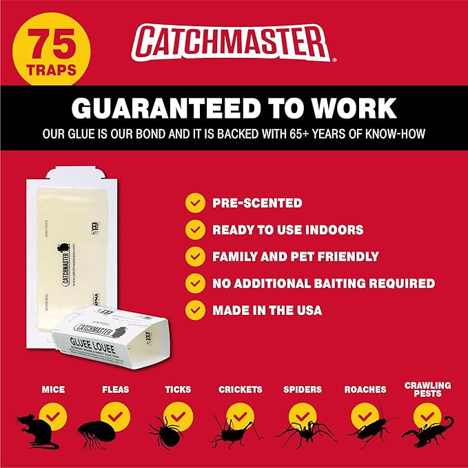 Catchmaster Pro Strength Mouse and Insect Glue Boards, 75-Pack Mouse Traps Indoor for Home, Sticky Pest Control Adhesive for Catching Bugs, Small Mice & Rodents, Non Toxic Bulk Glue Traps
