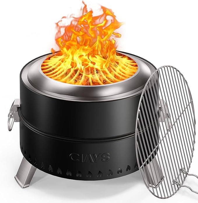 Ciays Smokeless Firepit for Outside, 21 Inch Outdoor Fire Pit for Camping with Patented Technology, Portable Fire Pit with Steel Grill Rack, Fire Poker, and Bag, Easy Setup and Storage, Wood Burning