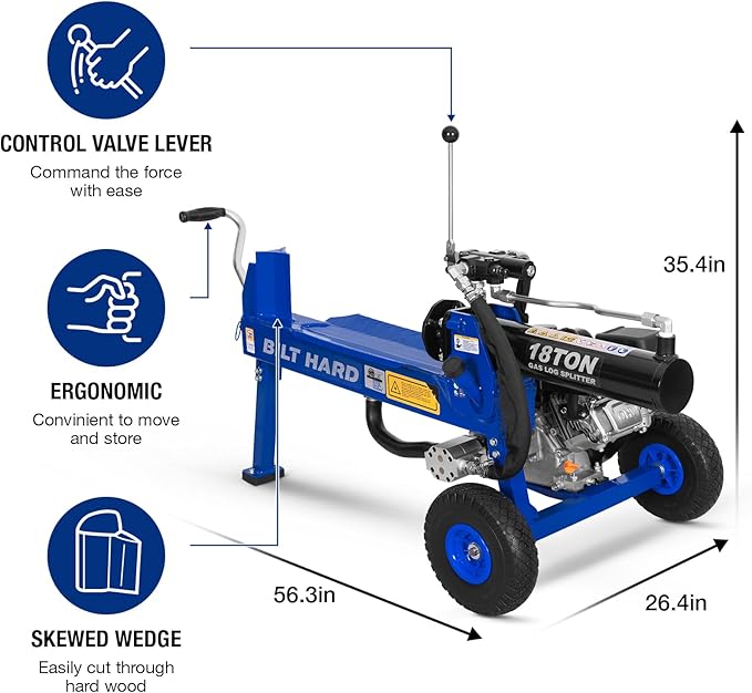 BILT HARD 18-Ton Portable Gas Log Splitter, Rapid Auto Return Ram System with 2-Stage Gear Pump, Wood Splitter with 7 HP 209cc Engine, Horizontal Full Beam Steel Wedge Firewood Splitting