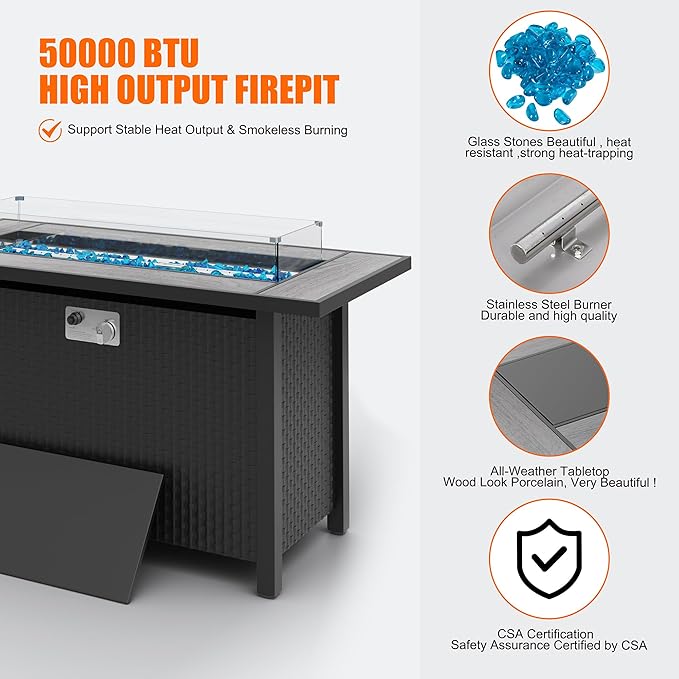 45 inch Outdoor Propane Fire Pit 50,000 BTU Gas Fire Pit Table with Lid, Glass Wind Guard, Waterproof Cover, Rectangle Gas Firepit Table for Garden/Patio, CSA Certification