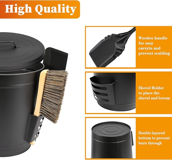 Hisencn Ash Bucket with Lid and Shovel, 5.15 Gallon Large Galvanized Metal Coal and Hot Ash Pail for Fireplace, Hearth, Charcoal Wood Fire Pits Burning Stoves Indoor and Outdoor
