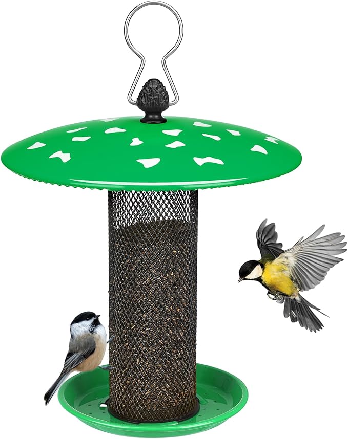 Veehoo Tube Bird Feeders for Outdoors Hanging-Finch Feeder for Nyjer Thistle Seed, Mushroom Metal Mesh Bird Feeder for Outside Hanging, Green