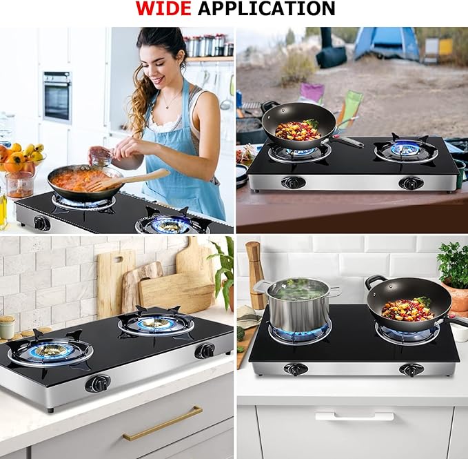 forimo Propane Gas Cooktop 2 Burners Gas Stove portable gas stove Tempered Glass Double Burners Stove Auto Ignition Camping Double Burner LPG for RV,Apartments,Outdoor