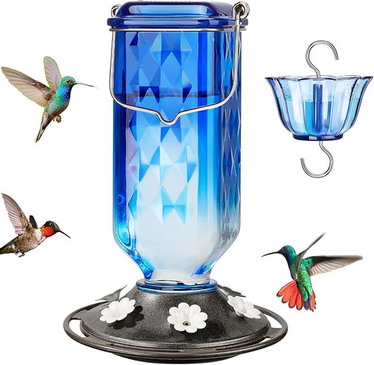 Kingsyard Glass Hummingbird Feeder for Outdoor Hanging, 24 Ounces, 6 Feeding Ports, Bird Nectar Feeder for Garden Décor, Ant Moat Included, Blue