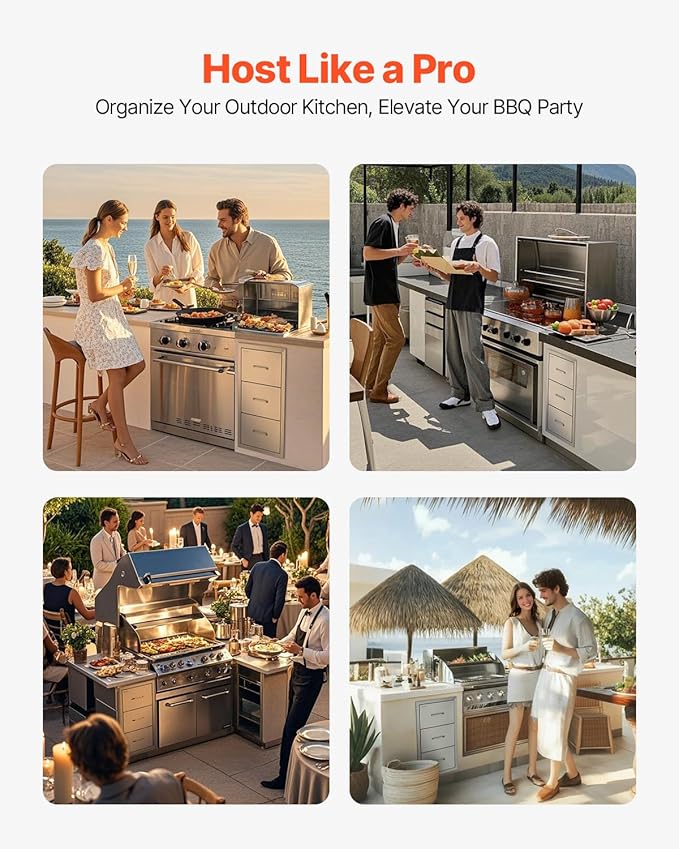 VEVOR 17W x 30H x 21D Inch Outdoor Kitchen Stainless Steel Double Access Drawers with Paper Towel Holder Combo for BBQ Island or Grill Station