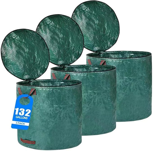 3 Pack 132 Gallons Reusable Yard Waste Bags with Double Bottom and Zipper Lid Extra Large Lawn and Leaf Bags Heavy Duty With 4 Handles Garden waste Bags Container for Debris Grass Clipping