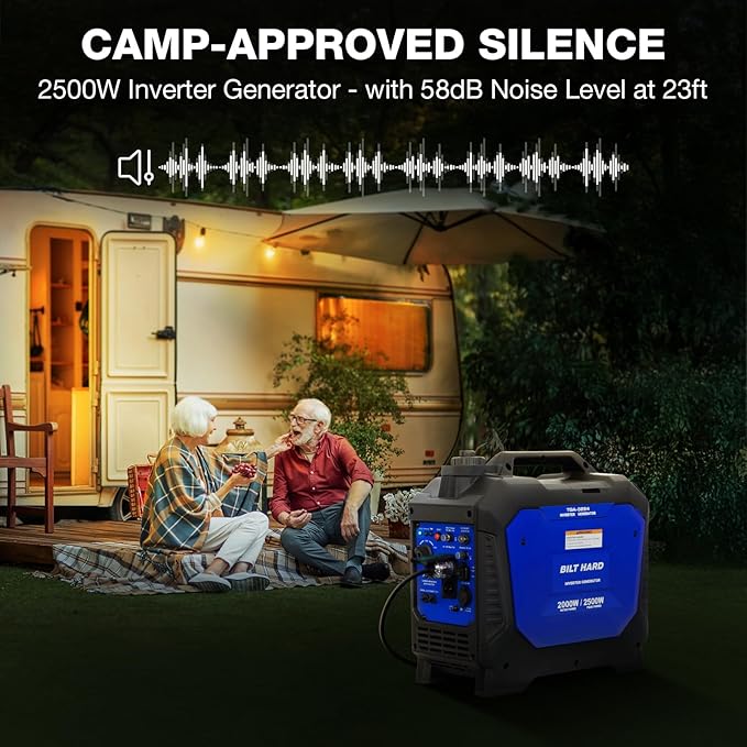 BILT HARD Generator 2500 Watt, Quiet Inverter Generator Portable 80cc 4 Stroke Engine, CO Sensor, Parallel Ready, 120V AC Duplex Receptacle and 12V DC Output, Outdoor Generators for Home Backup Use