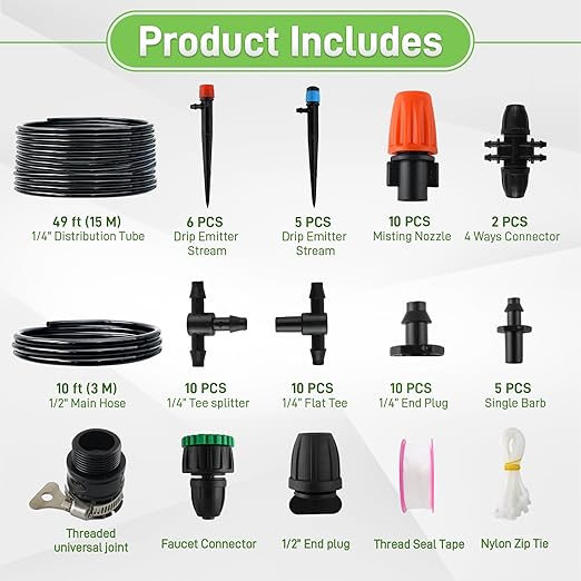 59FT Drip Irrigation System Kit, Garden Watering System with 1/2" 1/4" Tube Hose Adjustable Nozzle Barbed Fittings, Micro Misting Sprinkler System for Plant Lawns Raised Beds Greenhouses