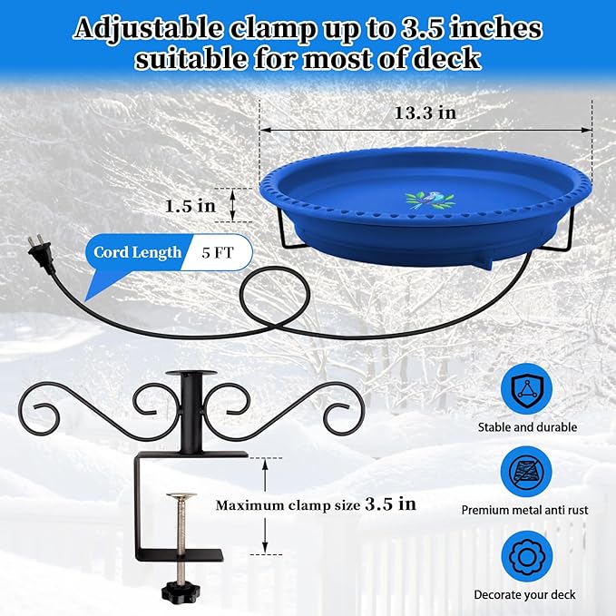 Lovppy Heated Bird Baths for Outdoors for Winter, 100W Heated Bird Bath Water Heater with Thermostatically Controlled, Heated Bird Bath for Deck Railing Outside Garden Patio Yard (Blue)