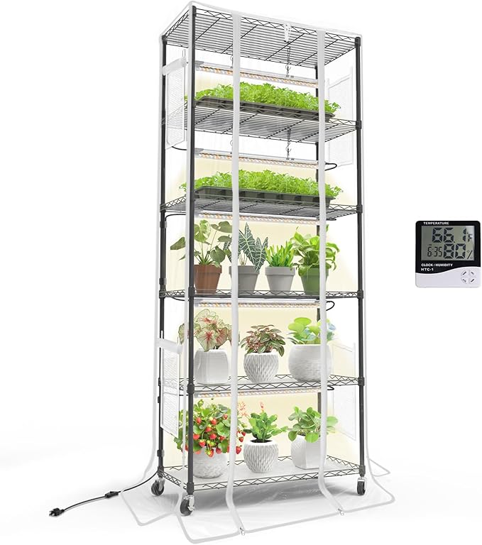 Indoor Greenhouse with Grow Light, Mini Green house with 5 Pack T8 Full Spectrum Plant Lights, Plant Shelf with Tent for Indoor Plant, Seed Starting, Seed Tray, 29.5"x13.8"x71"