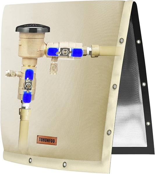 TOHONFOO 2-Way Opening Backflow Preventer Pipe Insulation Cover (5°F) - Irrigation Sprinkler Valve Cover - Water Well Pump Cover - Sturdy 5 Layers for Winter Freeze Protection (16" W x 20" H, Beige)