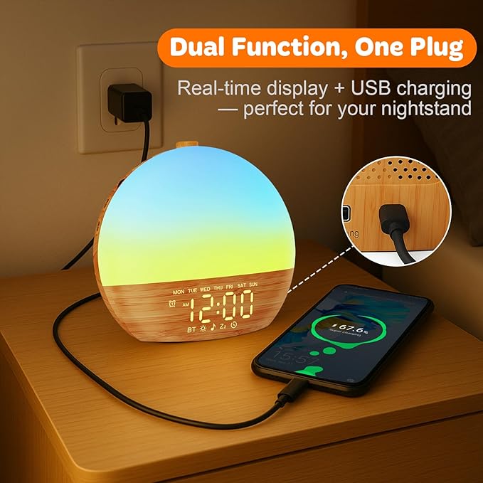 Sunrise Alarm Clock with Sound Machine - Wake Up Light, Wood Grain, Bluetooth, Dual Digital Alarm Clocks for Bedrooms, Adjustable Brightness, 30 Sleep Sounds, White Noise Machine for Baby & Adults