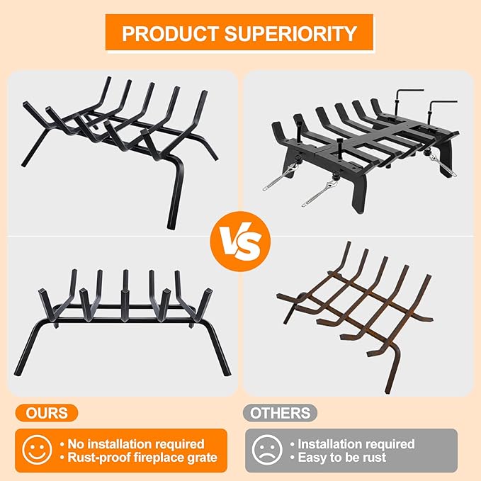 Fireplace Grate,Fireplace Log Holder,18 inch Heavy Duty Solid Cast Iron FIrewood Log Burning Rack for Inside The Fireplace Accessories Outood Fire Pit Kindling Fireplace Tools