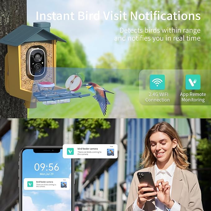 Bird Feeder with Camera - Smart Bird Cam with AI Identify BirdSpecies, Auto Record BirdVideo, Instant Notifications, 2K Video Live Stream Camera with Solar Panel for Birds Lover