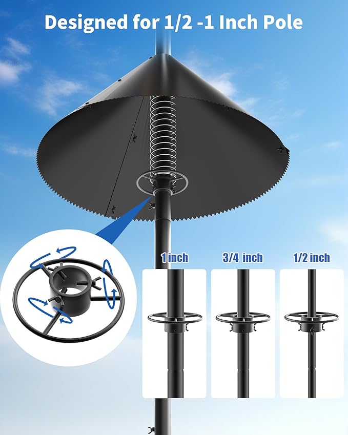 Squirrel Baffle for Bird Feeder Pole - Bird Feeder Baffle with Steel Spring Motion for Better Defense, Polycarbonate Extra-Thick Squirrel Guard for Outside Pole Mount, 19 Inch, Metal Buckle