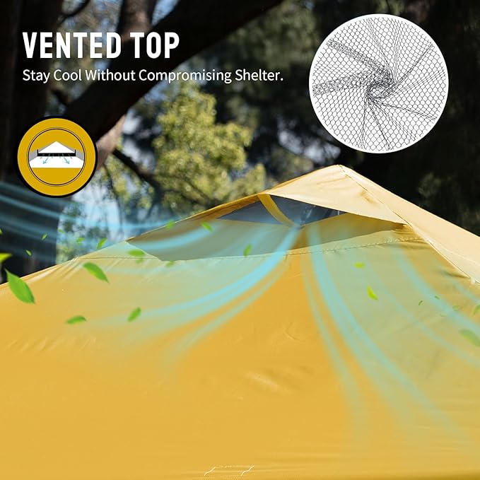 Crown Shades 10x10 Pop Up Canopy - Beach Tent with One Push Setup - Outdoor Sun Shade for Events, Parties, Camping - Gazebo with STO-N-Go Cover Bag, Silver Coated Top, 3 Height& 4 Sand Bags, Yellow