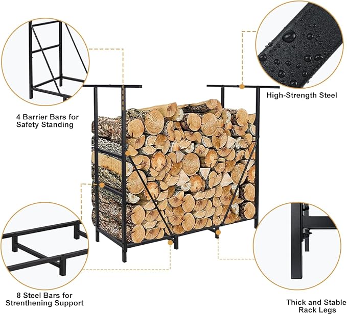 Vailge Firewood Rack Outdoor 4FT with Waterproof Firewood Carrier Bag, Adjustable Heavy Duty Steel Firewood Holder Storage, Log Rack for Fireplace, Fire Pit, Backyard, Camping