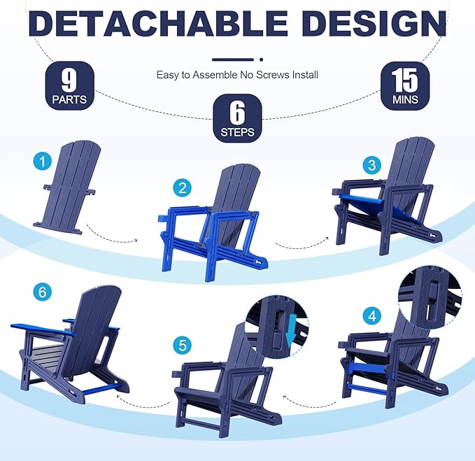 Adirondack Chair Set of 2, Plastic Adirondack Chairs, Outdoor Weather Resistant Lawn Furniture, Fire Pit Chair with Cup Holder for Garden Patio Without Screws Install, 400 LBS Capacity, Navy Blue