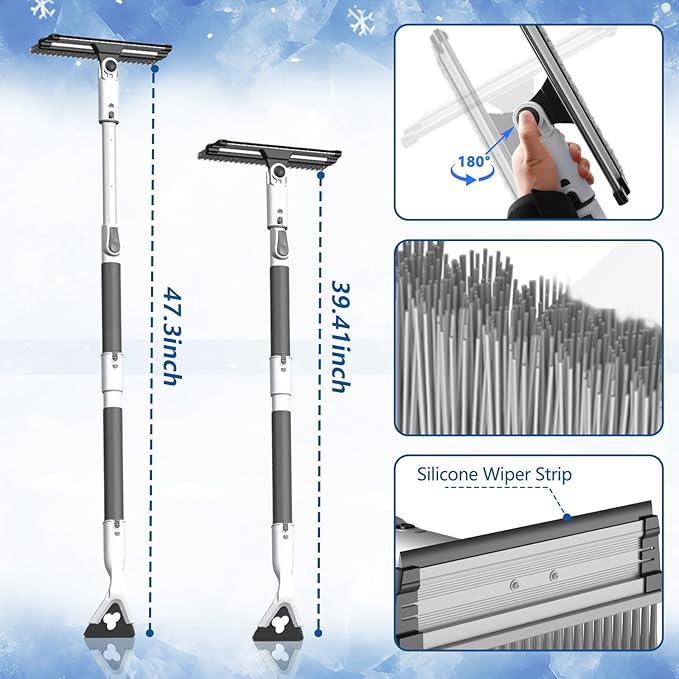 Car Snow Brush and Ice Scraper, 3-in-1 Extendable Snow Shovel with Wide Head Snow Shovel and Ice Scraper 180° Pivoting Snow Brush Head for Car Windshield, Durable Snow Remover with Foam Grip