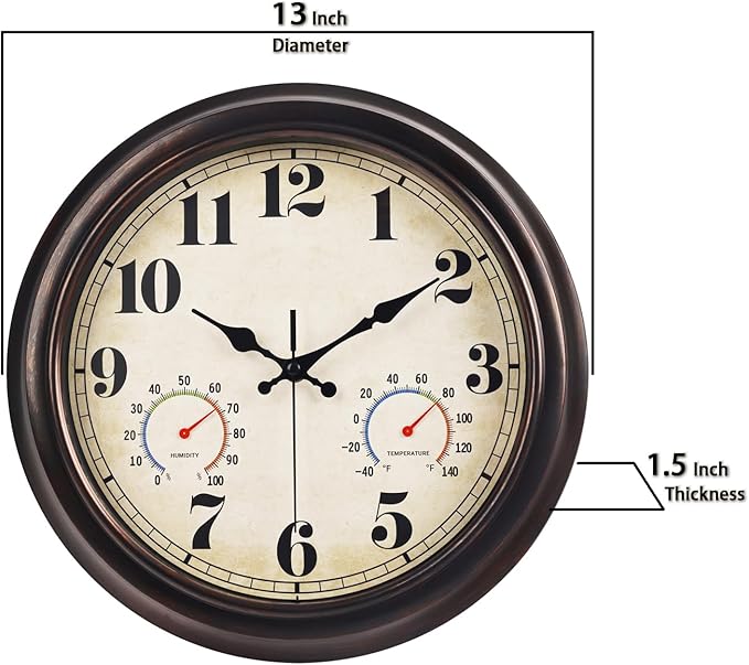 JENLYSTIME 13 Inch Dark Brown Vintage Waterproof Indoor/Outdoor Wall Clock with Thermometer & Hygrometer Large Silent Numerals & Accurate Timekeeping for Living Room, Porch&Garden&Pool