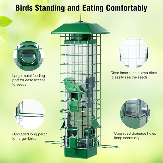 Squirrel Proof Bird Feeder, Metal Bird Feeders for Outdoors Hanging, Weight Activated, 3Lb Capacity, 4 Ports, All-Weather Tube Bird Feeder for Outside, Cardinal Finch Bluebird Wild Bird Feeder