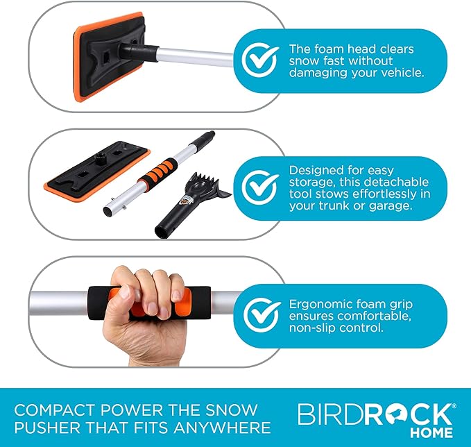BIRDROCK HOME 36" Extendable Snow Pusher Brush & Detachable Ice Scraper for Cars | Aluminum Grip for Car, Truck, SUV | Safe on Auto Windshield & Windows | Wide Frost Remover for Semi & Small Vehicles