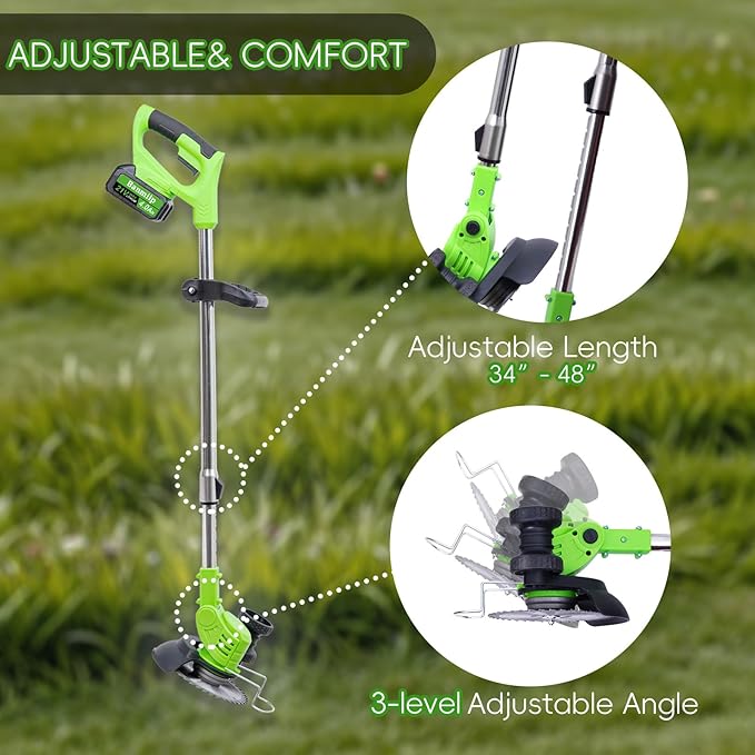 Cordless Weed Wacker Battery Powered,4-in-1 Grass Trimmer/Brush Cutter with 4 Types Blades, 21V Weed Electric Eater with 3.0Ah Battery*2 for Lawn Care and Yard Work