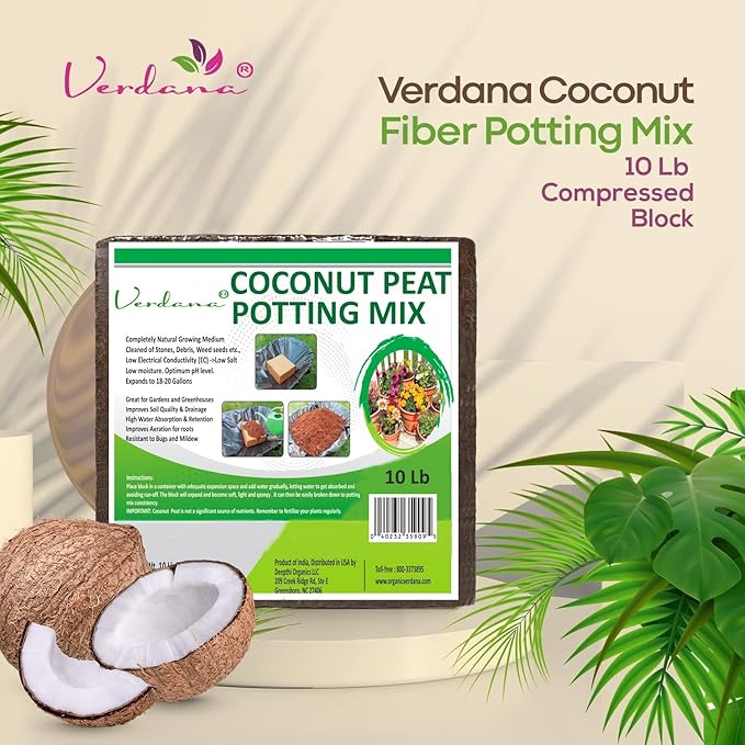 Verdana Coco Coir Brick – 10 Lb Compressed Coconut Fiber Block Expands to 18 Gallons – Potting Mix, Raised Bed Soil & Peat Moss Alternative for Organic Gardening & Seed Starting