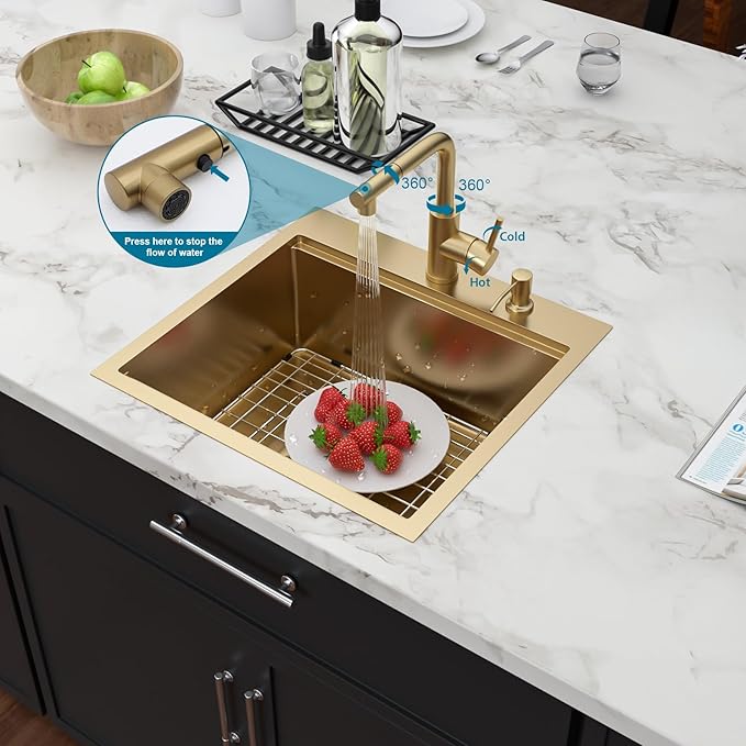 Gold Bar Sink Drop In Outdoor Kitchen Sink 21 Inch Workstation 16 Gauge Stainless Steel Single Bowl Outdoor Bar RV Sinks with Pull-out Faucet 21"x20"x9"