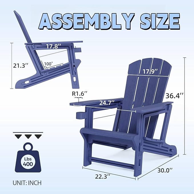 Adirondack Chair Set of 2, Plastic Adirondack Chairs, Outdoor Weather Resistant Lawn Furniture, Fire Pit Chair with Cup Holder for Garden Patio Without Screws Install, 400 LBS Capacity, Navy Blue
