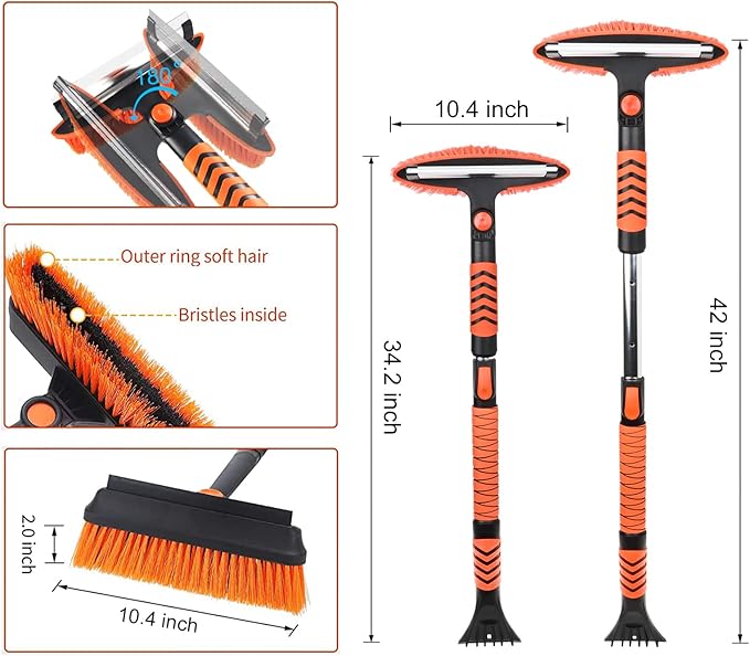 42'' Ice Scraper and Extendable Snow Brush Emergency Snow Shovel Snow Broom with Foam Grip 180° Pivoting Brush Head Snow Scraper for Cars, Trucks, SUVs, Vehicle