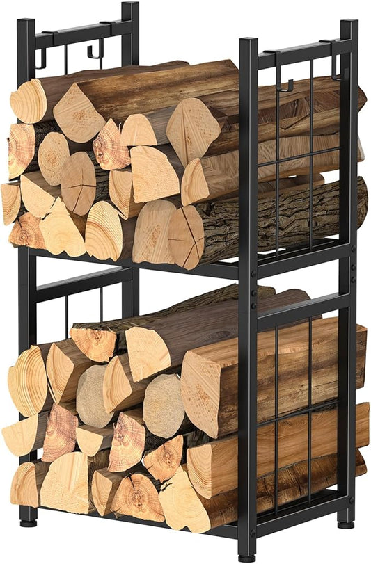 HEOMU Firewood Rack Indoor, Fireplace Tools Rack Outdoor, 2-Tier Holder with 4 Hooks, Stacking Organizer for Wood, Lumber Storage Carrier Fire Logs Stand for Fireplaces, Fire Pits and Stoves (Black)