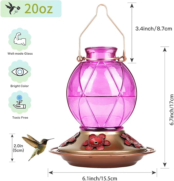 BOLITE Hummingbird Feeder, Glass Hummingbird Feeder for Outdoors, Netted Texture Ball Shape Bottle, 20 Ounces, Lavender, Birthday Gifts for Women Men, Gifts for Mom Dad