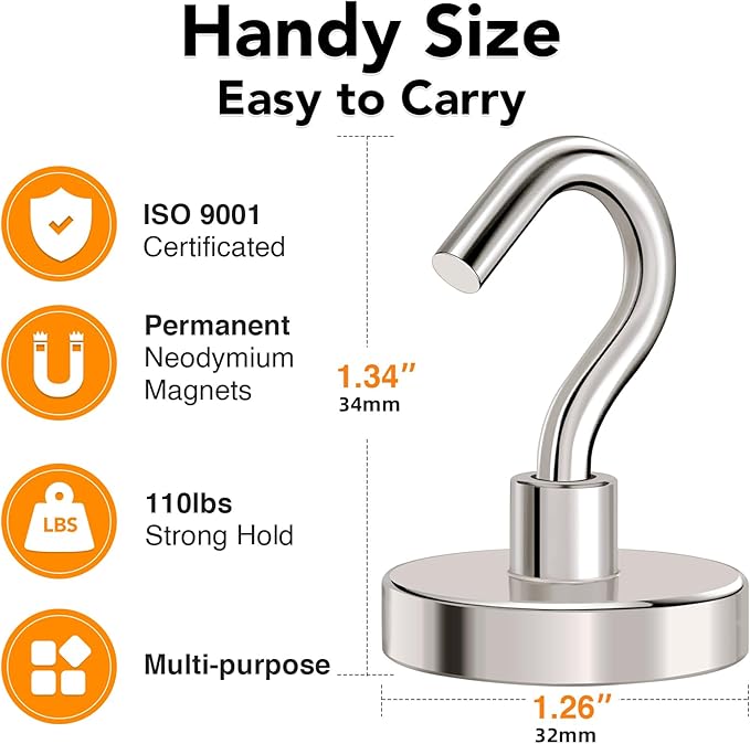 MIKEDE Magnetic Hooks Heavy Duty,110LB+ Strong Magnet with Hook, Super Neodymium Cruise Hooks, Locker Organizer Industrial Hooks for Hanging, Magnetic Hanger for Cruise, Grill - 8 Pack
