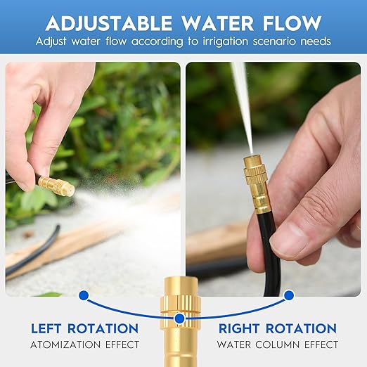 360° Automatic Drip Irrigation Kit - 5/16'' Tubing, Adjustable Universal Spray Nozzle, Copper Atomizing System for Garden/Lawn/Greenhouse - Multi-Directional Rotation, Quick Connectors, 100FT