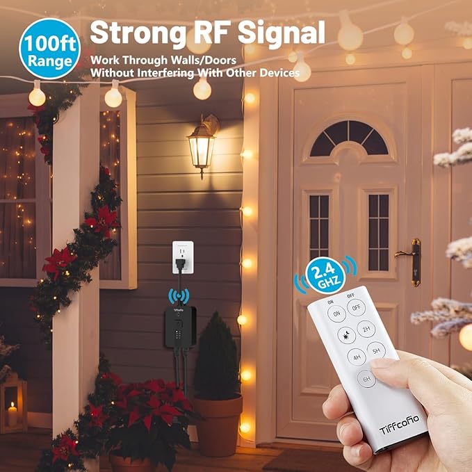 TiFFCOFiO Outdoor Timer Waterproof, Remote Control Dusk to Dawn Sensor Countdown, 100 ft Range, 2 Grouded Electrical Outlets for Home and Garden, 15A 1/2HP, Heavy Duty, ETL Listed (2 Packs)