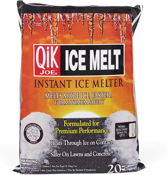 Qik Joe Calcium Chloride Ice Melt - Instant Snow and Ice Melt for Sidewalks, Driveways, Steps, and Parking Lots - Deicer for Concrete, Asphalt, and Other Surfaces - 20 Lbs (Pallet of 120 Units)