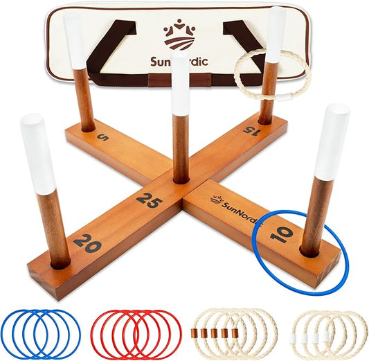 Wooden Ring Toss Game Set, Backyard Beach Camping Game with Toss Rings & Portable Carrying Bag, Outdoor Lawn & Yard Games for Kids, Adults & Family