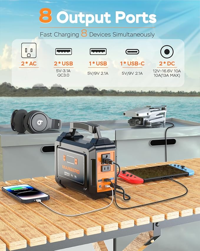MARBERO Portable Power Station 167Wh Camping Lithium Battery Solar Generator Fast Charging with AC Outlet 200W Peak Power Bank(Solar Panel Optional) for Home Backup Outdoor Emergency RV Van Hunting