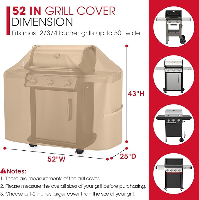 Unicook 52 Inch Grill Cover for Outdoor Grill, Heavy Duty Waterproof BBQ Cover Compatible with Char-Broil Nexgrill and Weber Spirit 2-3 Burner Gas Grills, All Weather Protection, Light Brown