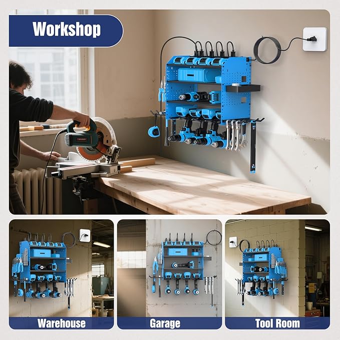 Heavy Duty Power Tool Organizer Wall Mount with Charging Station, 4 Layer Garage Storage Adjustable Shelves Height, Holds 4 Drills, 2 Hooks, Screw & Screwdriver box, Gifts for Fathers Day, Anniversary