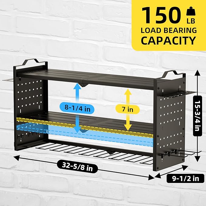 Power Tool Organizer Wall Mount with 9 Drill Holder, Cordless Tool Organizer and Storage Rack, Garage Heavy Duty Metal Shelf Organization for Battery, Tool Box, Hammer, Screwdriver(Black)