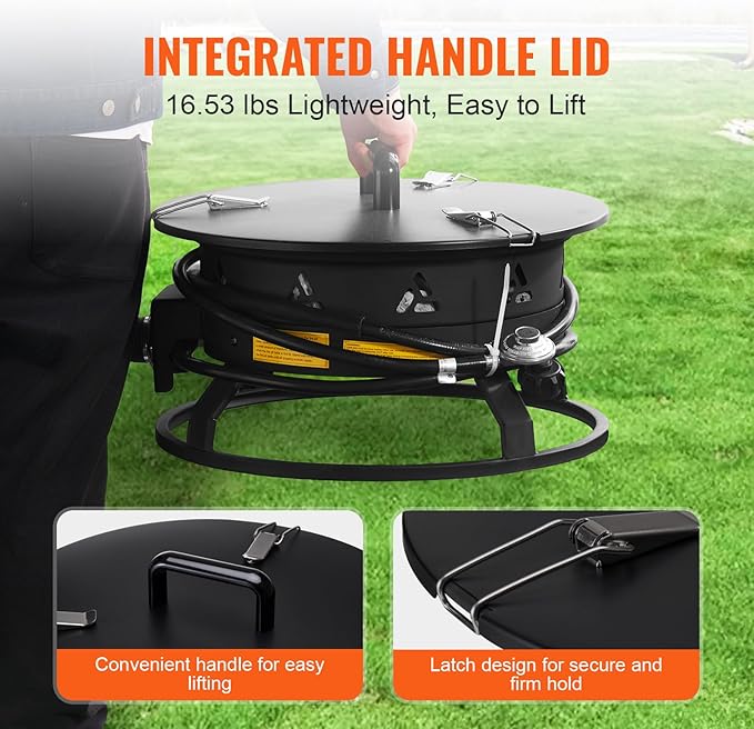 VEVOR Portable Propane Fire Pit, 19-Inch Diameter Outdoor Gas Fire Pit with Cover & Lava Rocks, Adjustable Flame Height Camping Firepit for Heating, Lighting, Gathering, 58,000 BTU, Black